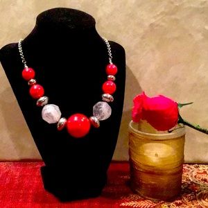 Bold Beaded Red & Silver Necklace